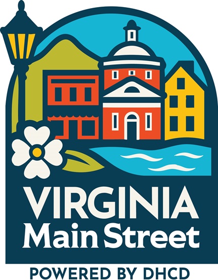 Virginia Main Street Logo - 3 block buildings framed by a river, a dogwood blossom, and a streetlight. Text reads: Virginia Main Street, Powered by DHCD