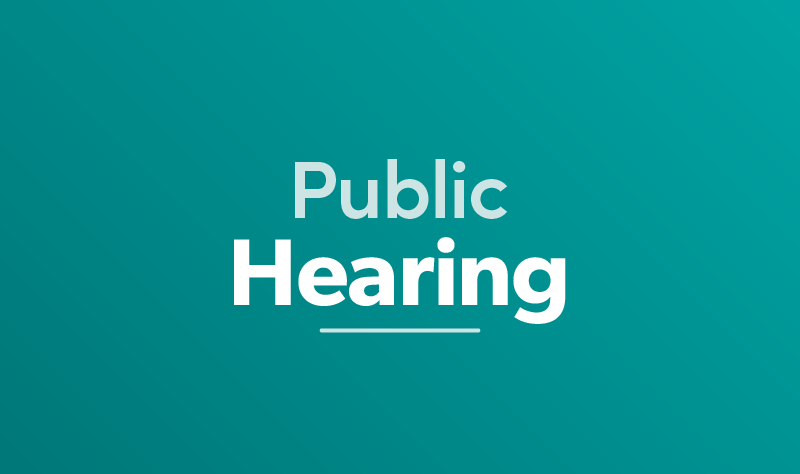 Teal gradient background with white text reading: Public Hearing