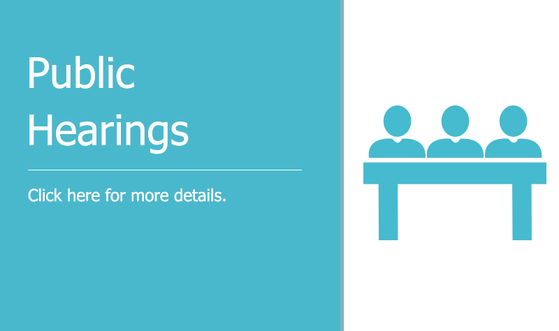 the outline of three figures sitting at a table - white text on blue background reads "Public Hearings: Click here for more details"