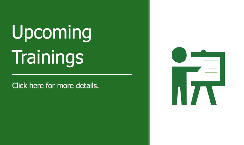 A green figure gives a presentation - green background with white text reads "Upcoming Trainings - Click here for more details"