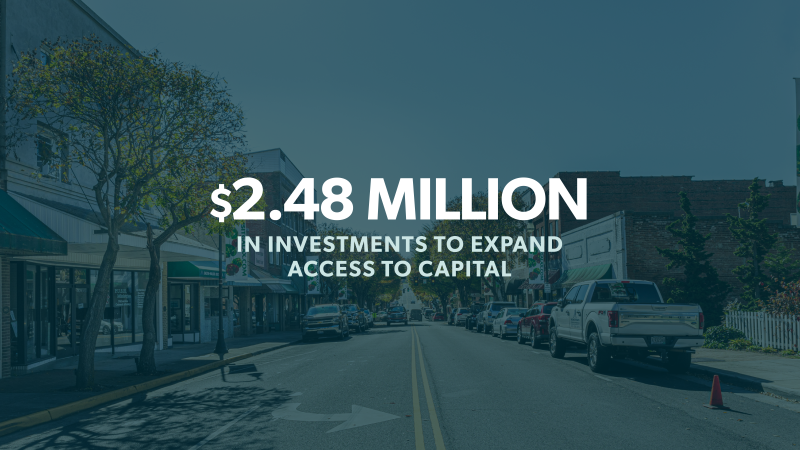 a picture of a city block with white text overlaid that reads: "$2.48 Million in Investments to Expand Access to Capital"