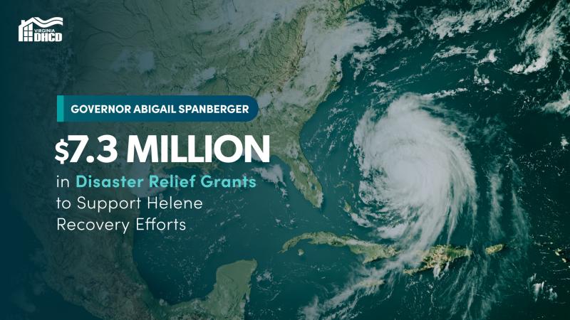 Text reads: "Governor Abigail Spanberger $7.3 Million in Disaster Relief Grants to Support Helene Recovery Efforts" over an image of a meteorological map showing hurricane Helene about to make landfall