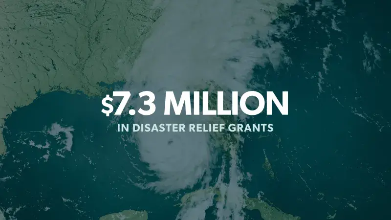 An aerial shot of a hurricane over the Gulf of Mexico with white text overlaid that reads: $7.3 million in disaster relief grants"