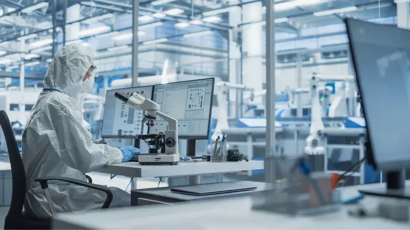 A man in sterile coveralls works in lab next to computers and microscopes